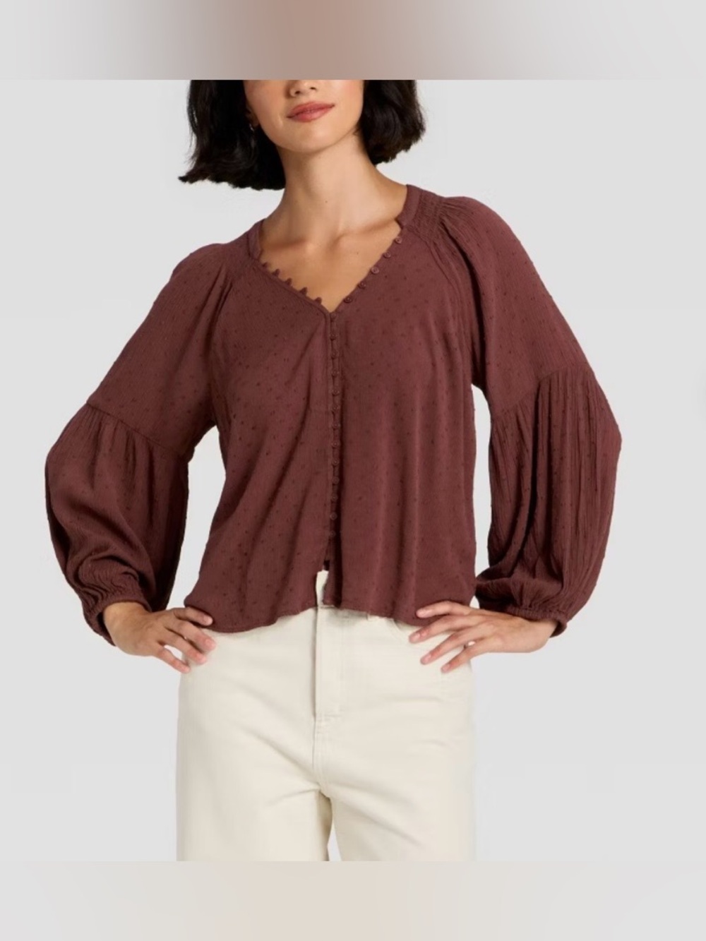 Women's Balloon Long Sleeve Button-Down Blouse-XXL